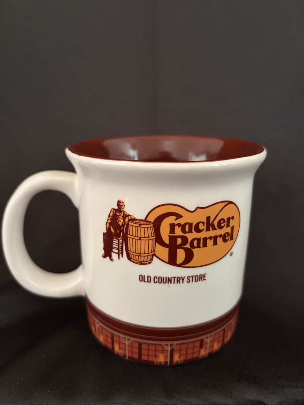 Cracker Barrel Ceramic Mug in White and Brown with Logo